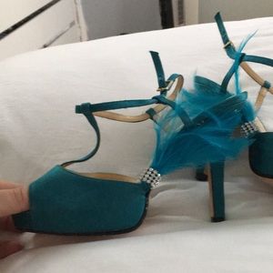 Customized Teal T-Strap satin evening shoes
